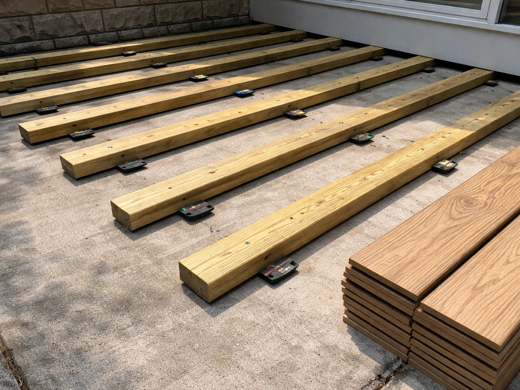 Wood sleepers shimmed level on a concrete slab, with deck boards staged for installation nearby.