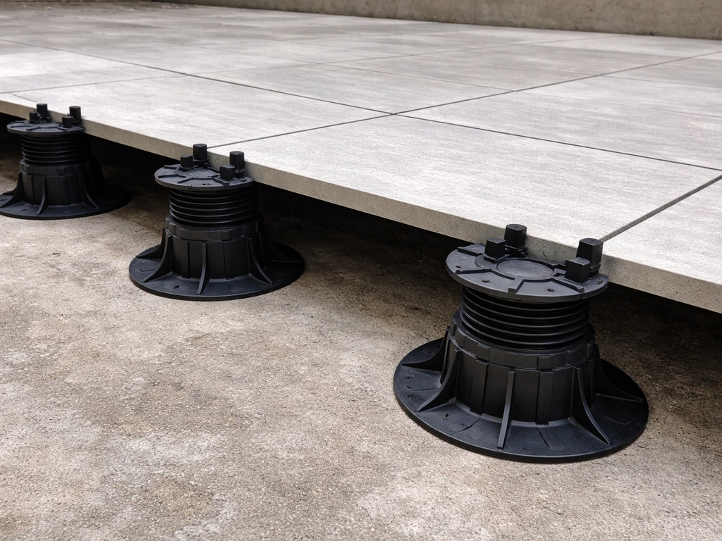 Close-up of adjustable pedestals supporting large pavers on a sloped concrete base.