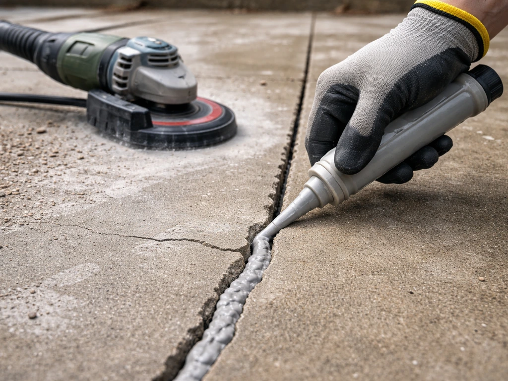 Close-up of crack filler being applied to a patio crack beside an angle grinder smoothing a low spot.
