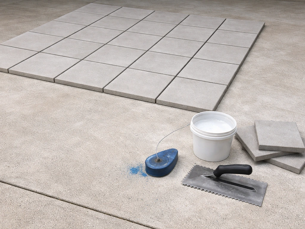 Concrete slab with dry-laid tiles, chalk line, thinset trowel, and bonding primer arranged for layout steps.