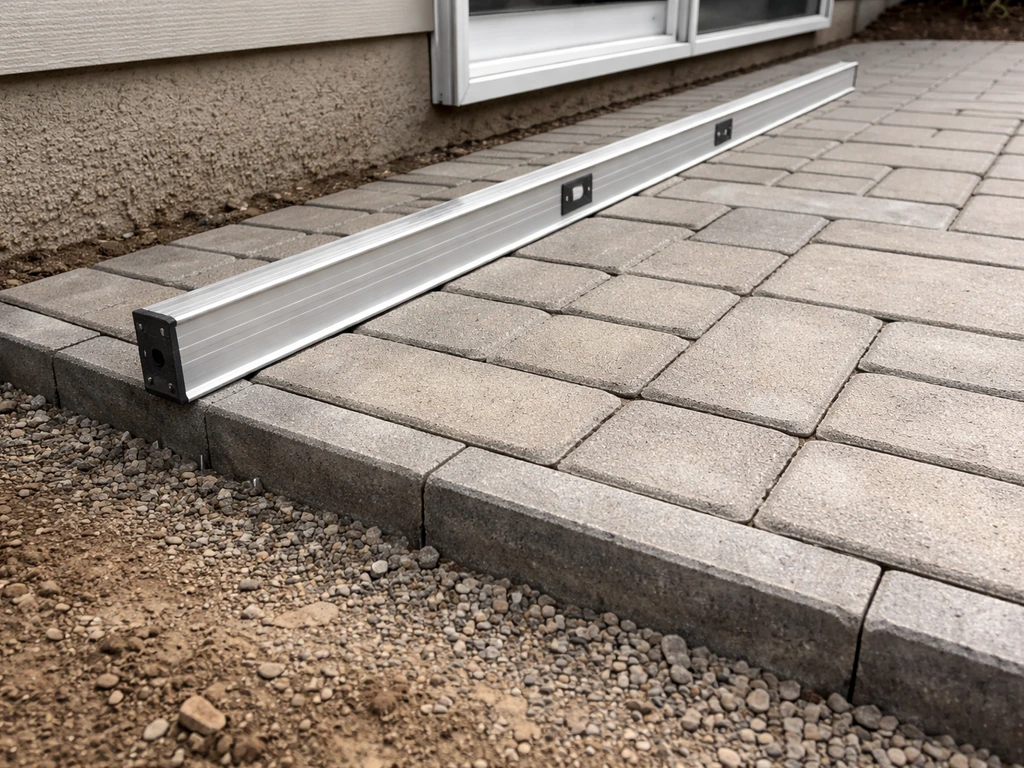 Patio edge with concrete paver restraint and visible slope away from the house, checked with a long level