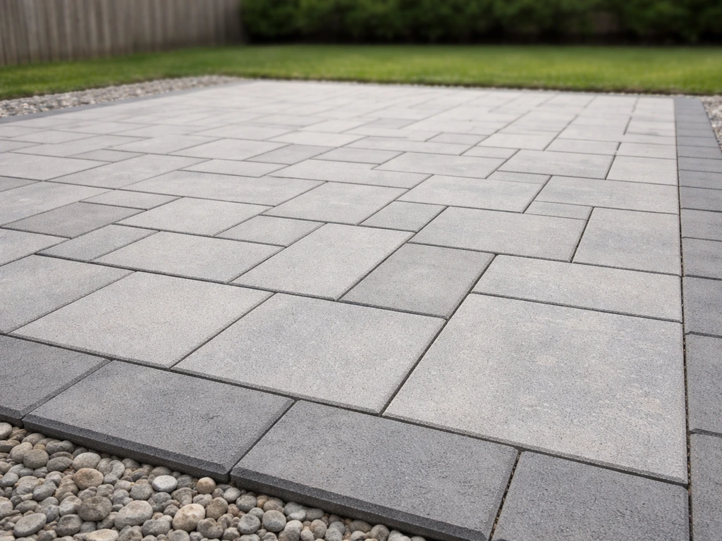 Clean finished DIY paver patio surface with visible joints and a subtle drainage slope.