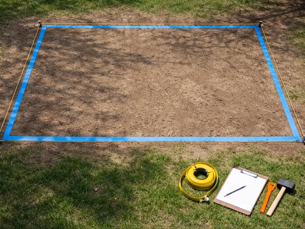 Top-down view of a backyard patio layout with measuring tape, string line, and yard marked with tape