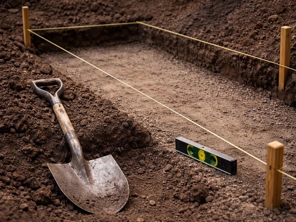 Close-up of patio excavation grading setup with string lines, stakes, and a shovel marking slope height.