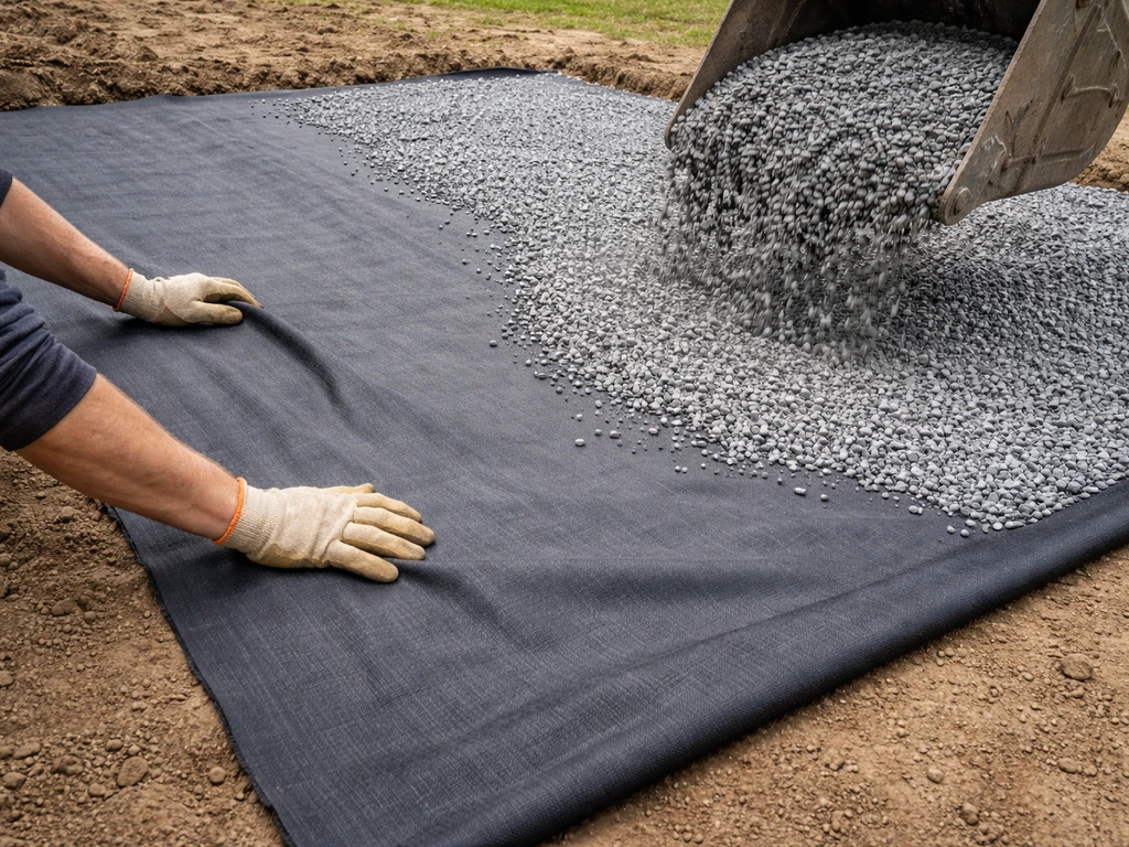 Gloved hands lay geotextile on compacted soil while gray gravel is spread evenly on top.