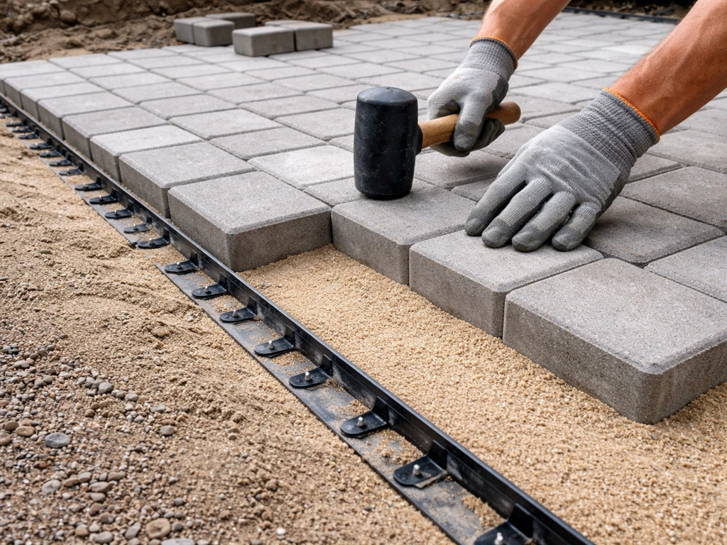 Worker installing patio edge restraints and setting pavers into screeded bedding sand on a slope