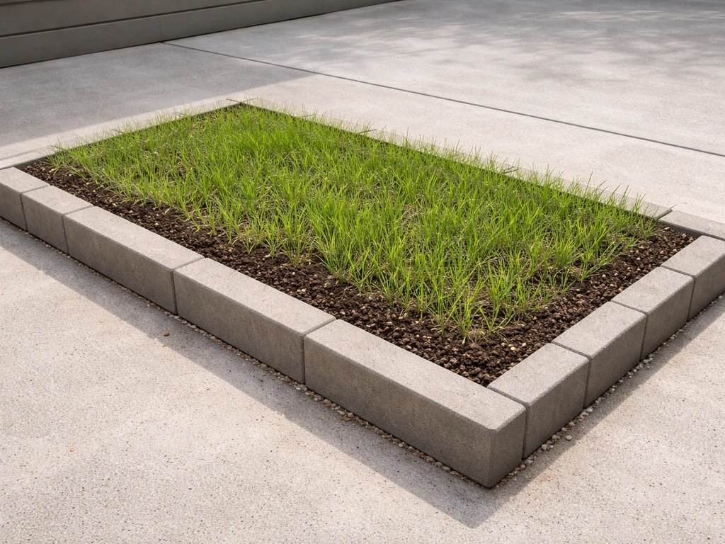 Fresh green grass growing in a bordered soil bed on a concrete patio