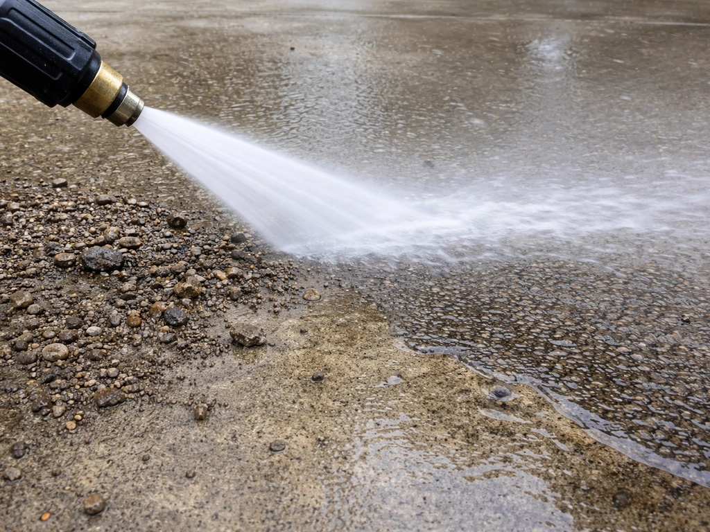 Close-up of a pressure washer rinsing debris and grime from a concrete slab, water runoff visible.