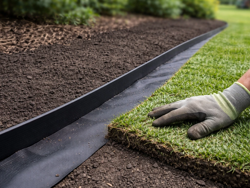 Close-up of garden edge installation with weed barrier, soil mix, and grass being laid.