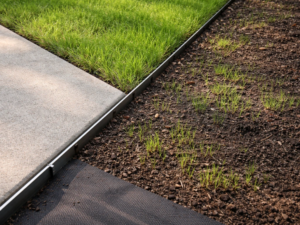Patio grass bed with bare patches and uneven germination beside clean concrete and dark weed barrier
