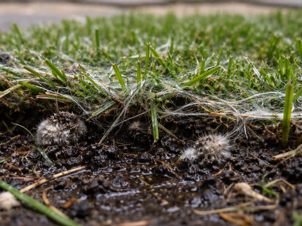 Close-up of damp patio turf with visible white fungal threads and mold on the grass surface.