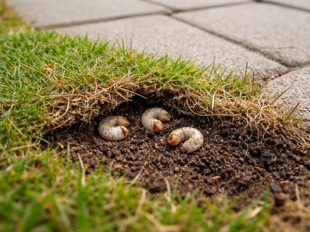 Brown patch of patio grass peeled back to reveal small grubs in the soil.