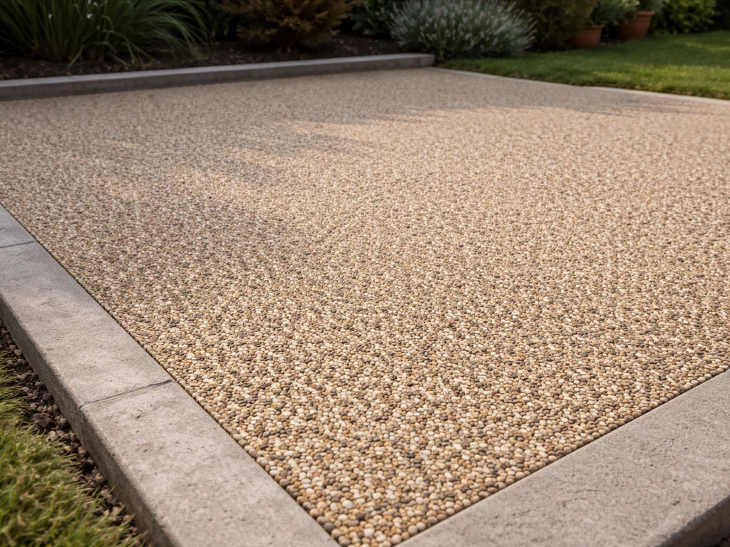 Close view of a finished resin-bound patio with textured aggregate and a clean, durable border edge.