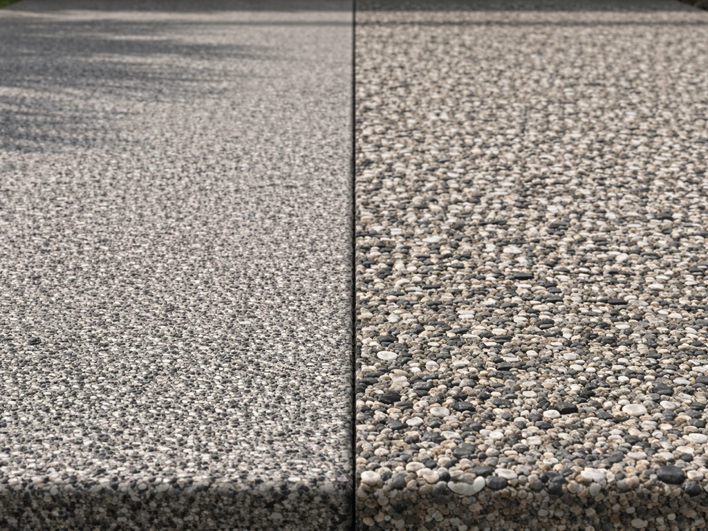 Side-by-side close-up of resin-bound and resin-bonded patio finishes in a simple outdoor setting.