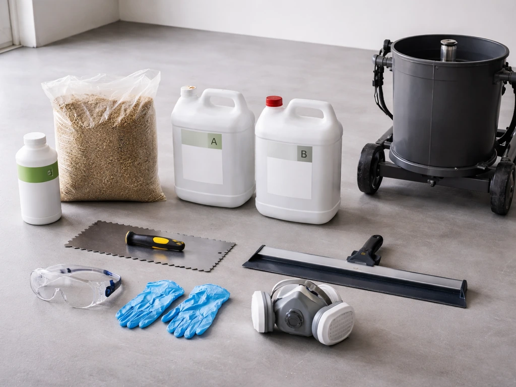 Laid-out DIY resin patio kit with primer, resin, aggregate, mixer, spreader, squeegee, and PPE.