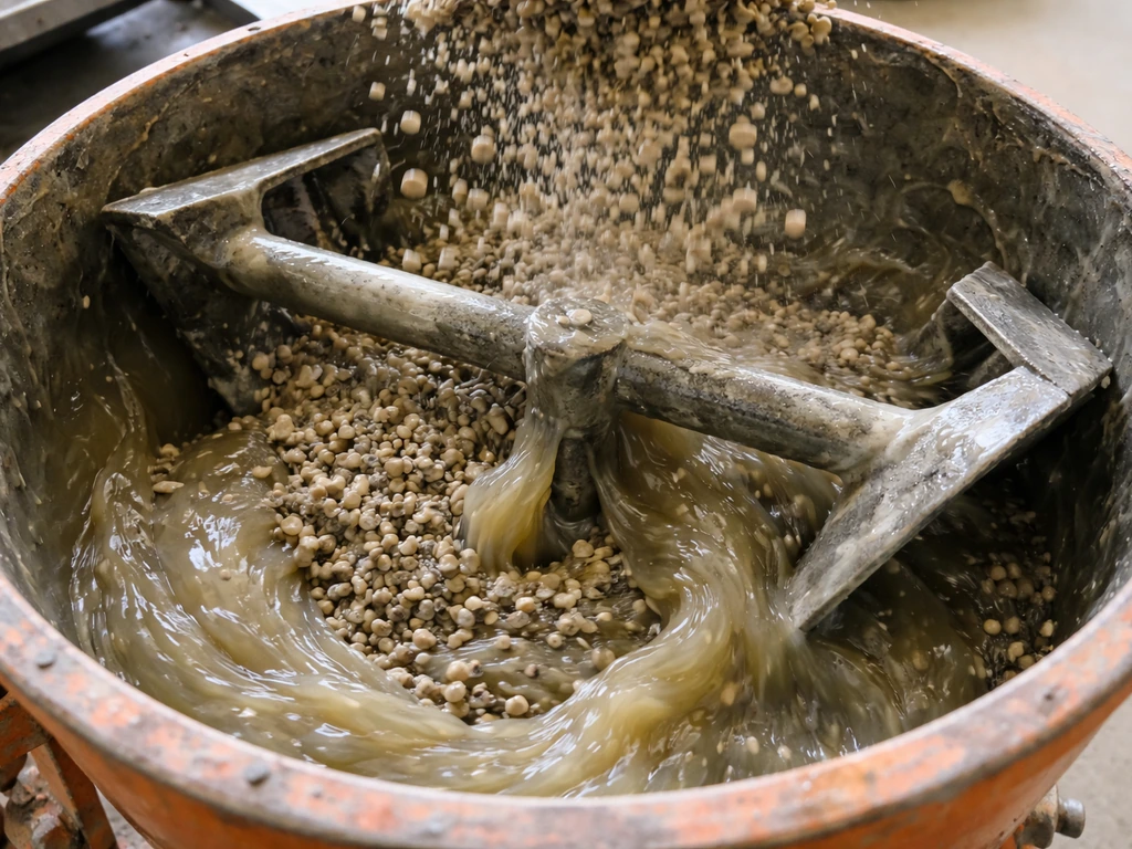 Forced-action resin mixer close-up as aggregate drops in and disperses through glossy resin.