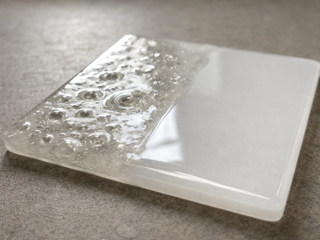 Close-up of resin surface with bubbles and small voids beside a smooth glossy area.