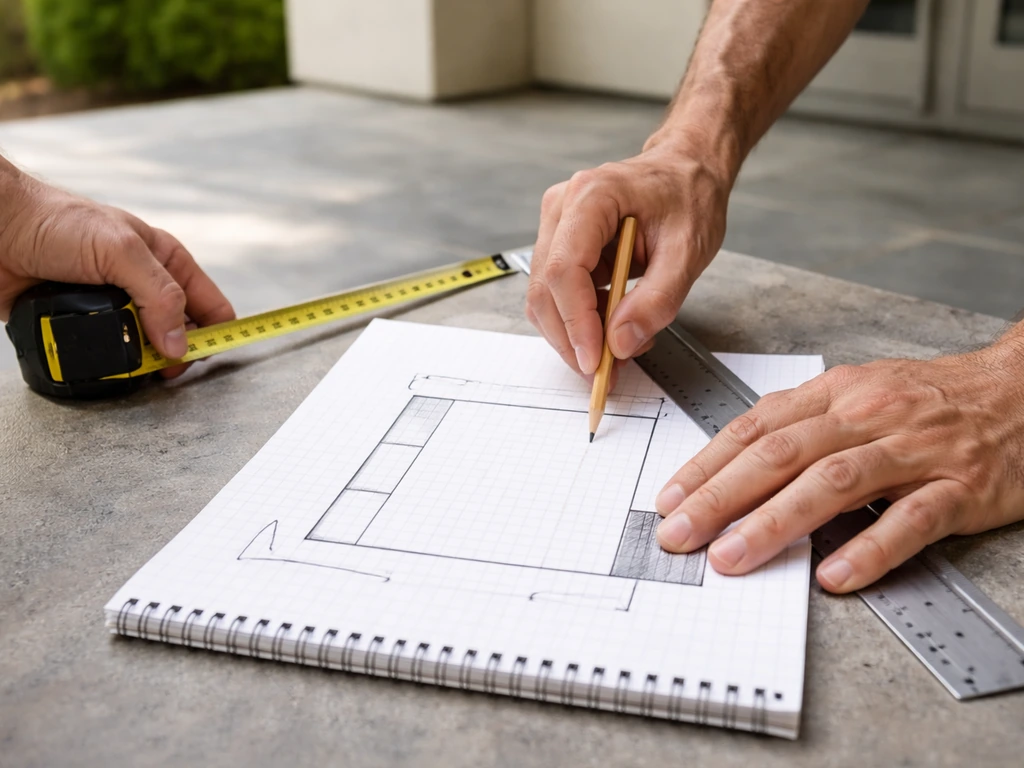 Hands measuring patio space and sketching a scaled layout on graph paper