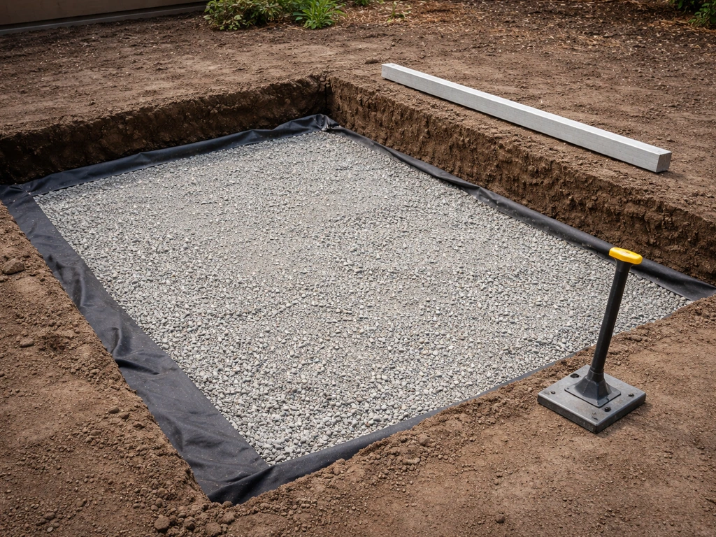 Excavated patio base with landscape fabric and a compacted gravel sub-base layer ready for a frame.