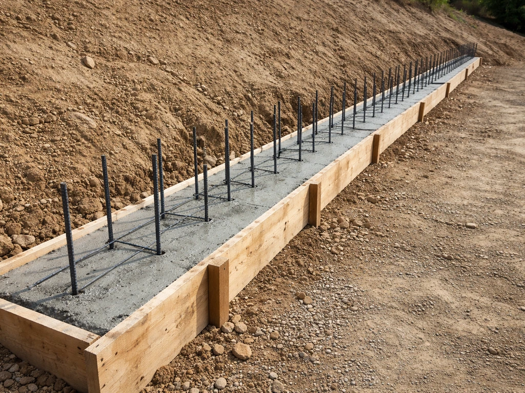 Concrete footing forms on a sloped yard with exposed rebar, level tops, and a clean build site.