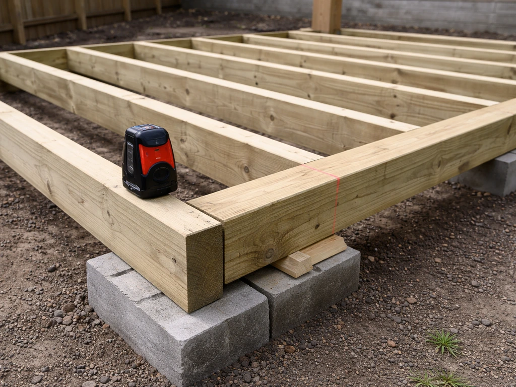 Patio frame with joists and beams on supports, laser level and temporary shims adjusting for level.