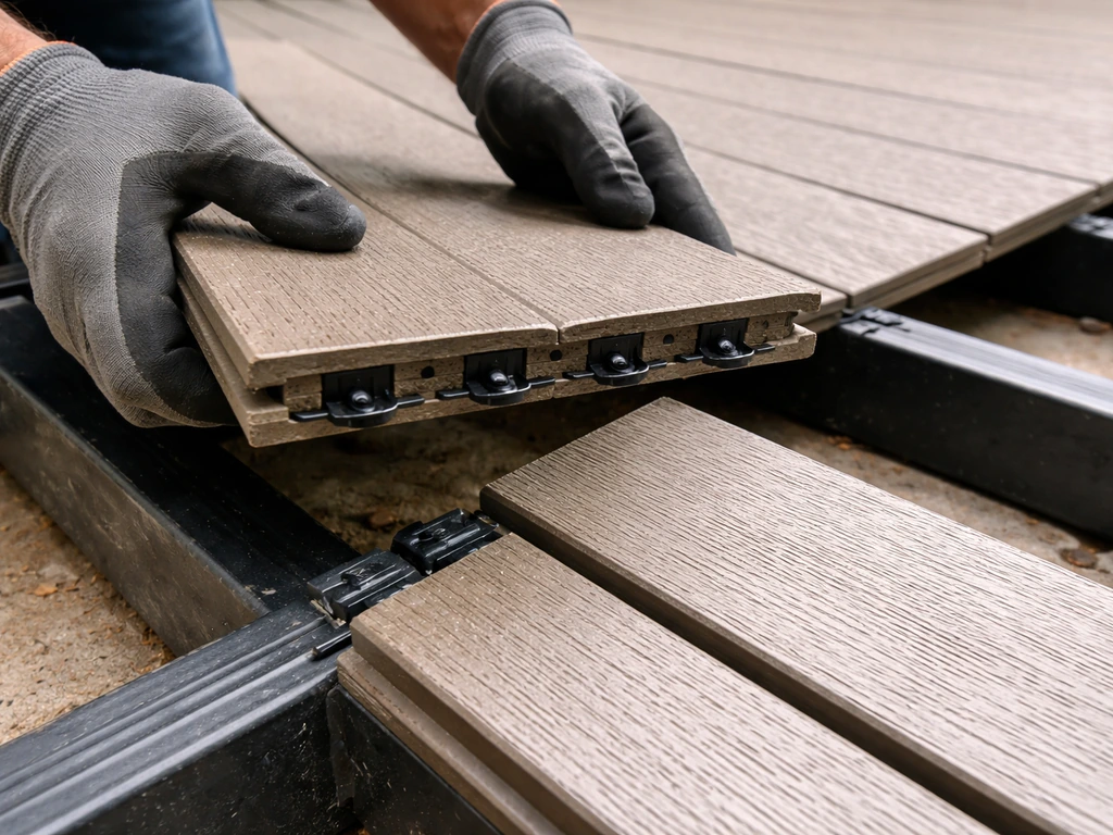 Composite Trex board being installed with hidden fastener clips aligned in the groove on a patio frame