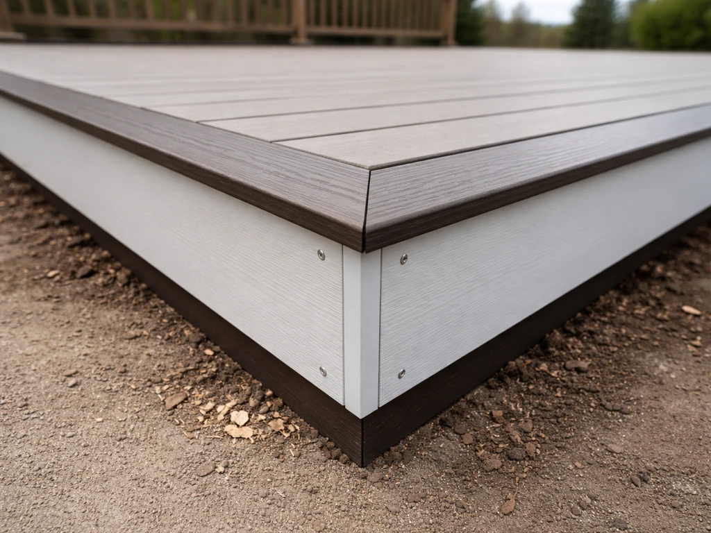 Close-up of finished deck fascia and border boards with joist ends concealed and tidy trimmed edges.