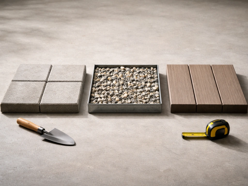 Three small side-by-side samples: concrete pavers, gravel, and wood composite on a clean floor.