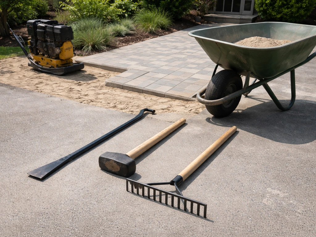 Patio renovation tools—pry bar, hand maul, rake, wheelbarrow, and plate compactor—laid out for use.