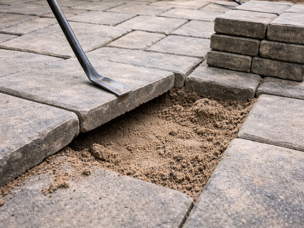 A pry bar lifts patio pavers while bedding sand is removed and pavers are stacked aside.