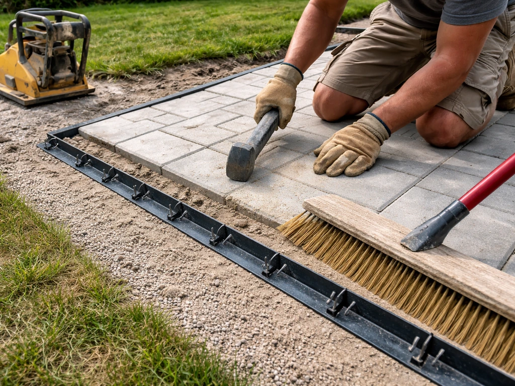 Contractor installing black edge restraints on a patio, then sweeping joint sand into gaps.