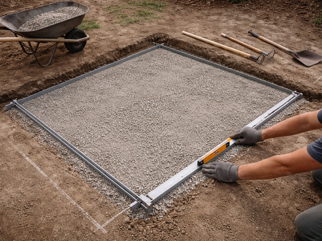 Overhead angled view of a DIYer leveling gravel for a new patio floor with layout lines and edging in progress