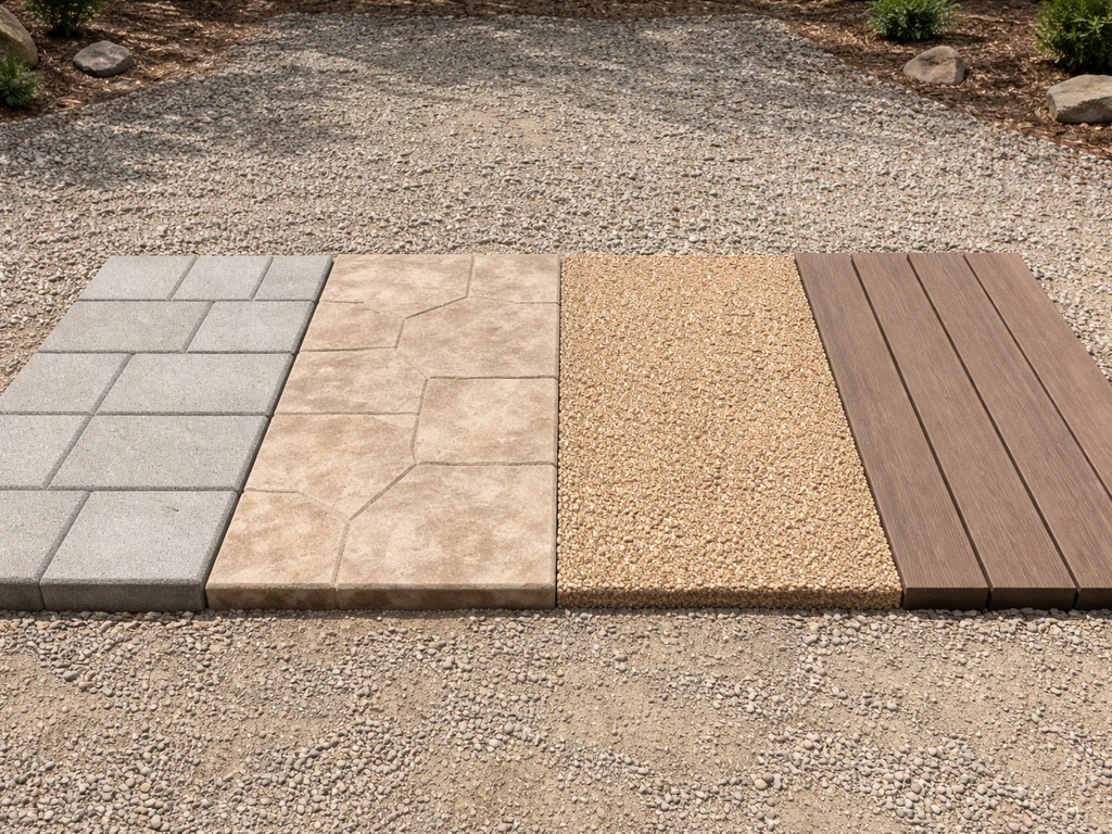 Four patio floor materials—pavers, stamped concrete, decomposed granite, and decking—laid side-by-side outdoors.