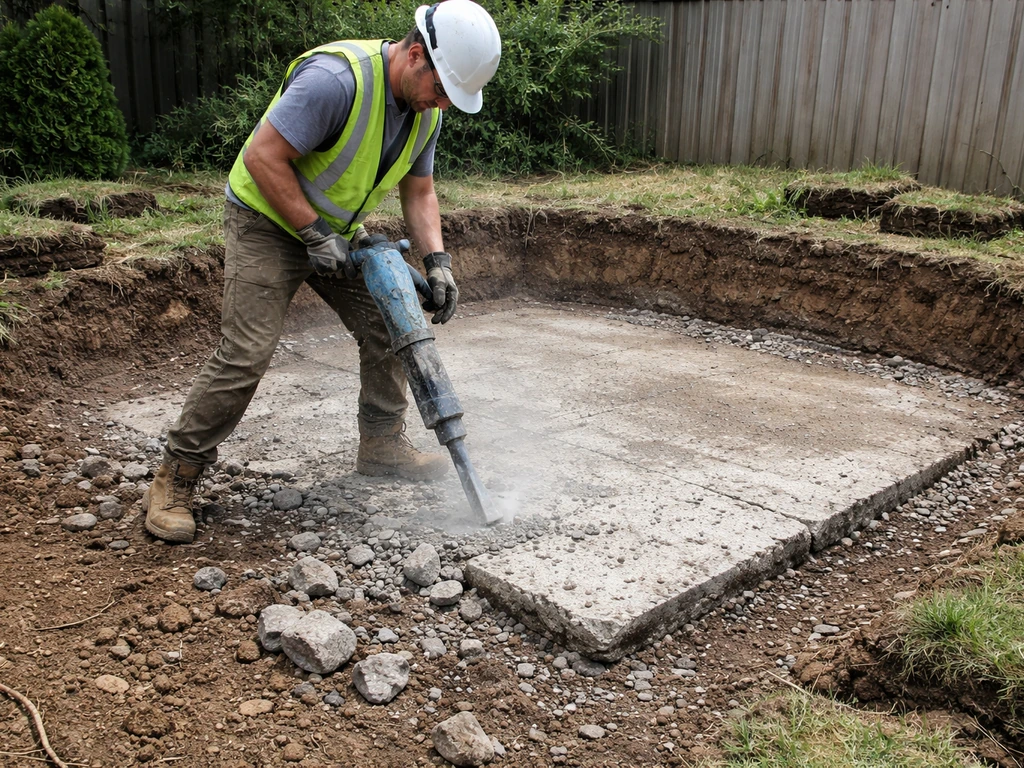 Worker using a demolition hammer while excavated soil and crushed stone base are visible