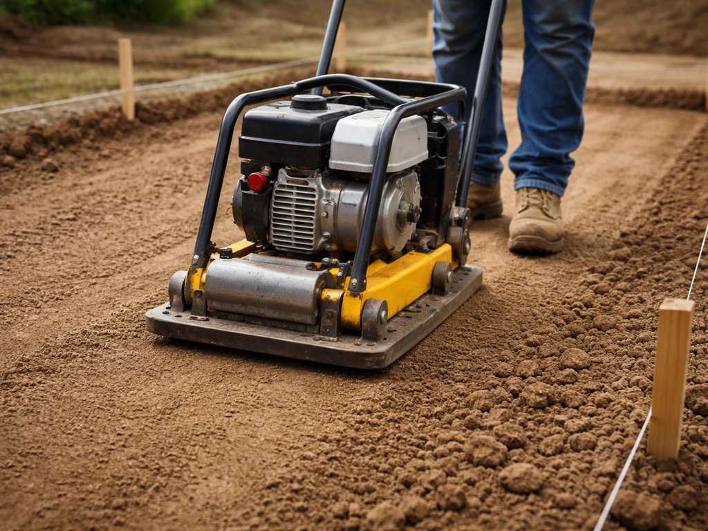 Plate compactor compressing graded dirt subgrade beside visible edge stakes and grade line.