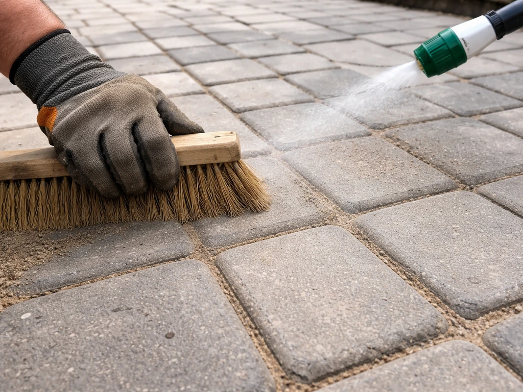 Close-up of polymeric sand swept into paver joints, lightly misted with water to activate and set.