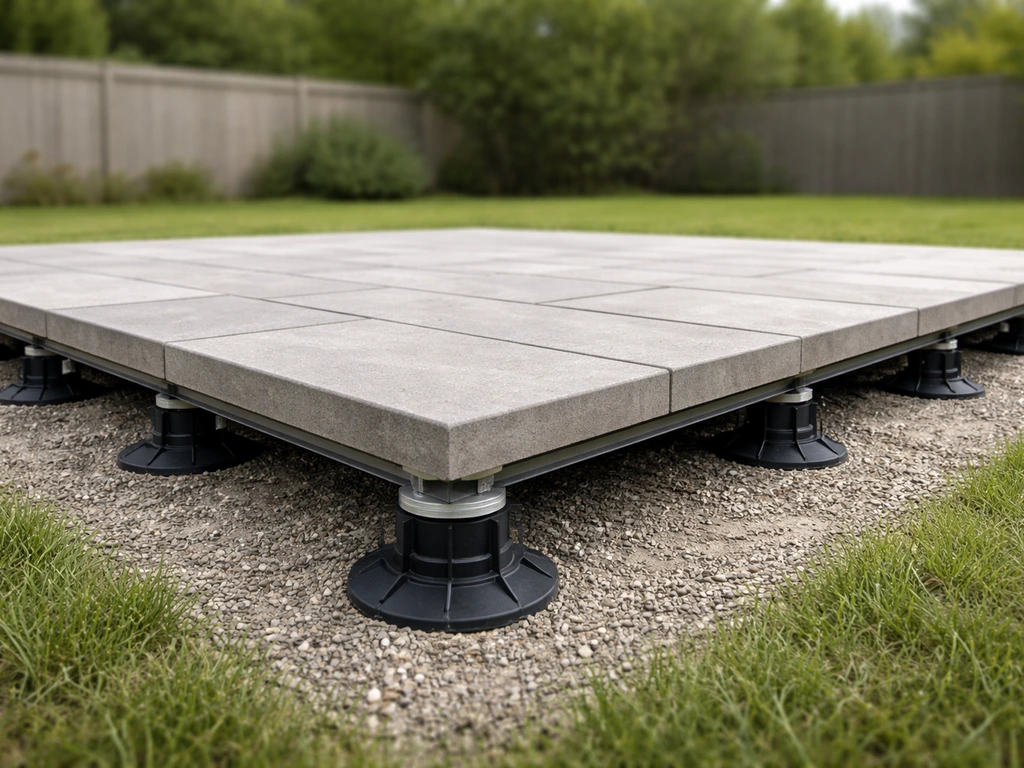 Raised floating patio supported by pedestals with visible drainage gaps and no concrete slab.