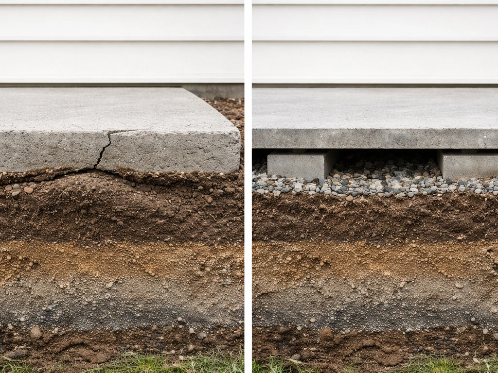Simple sketch-style comparison of monolithic slab vs floating patio with soil gaps and frost heave risk.