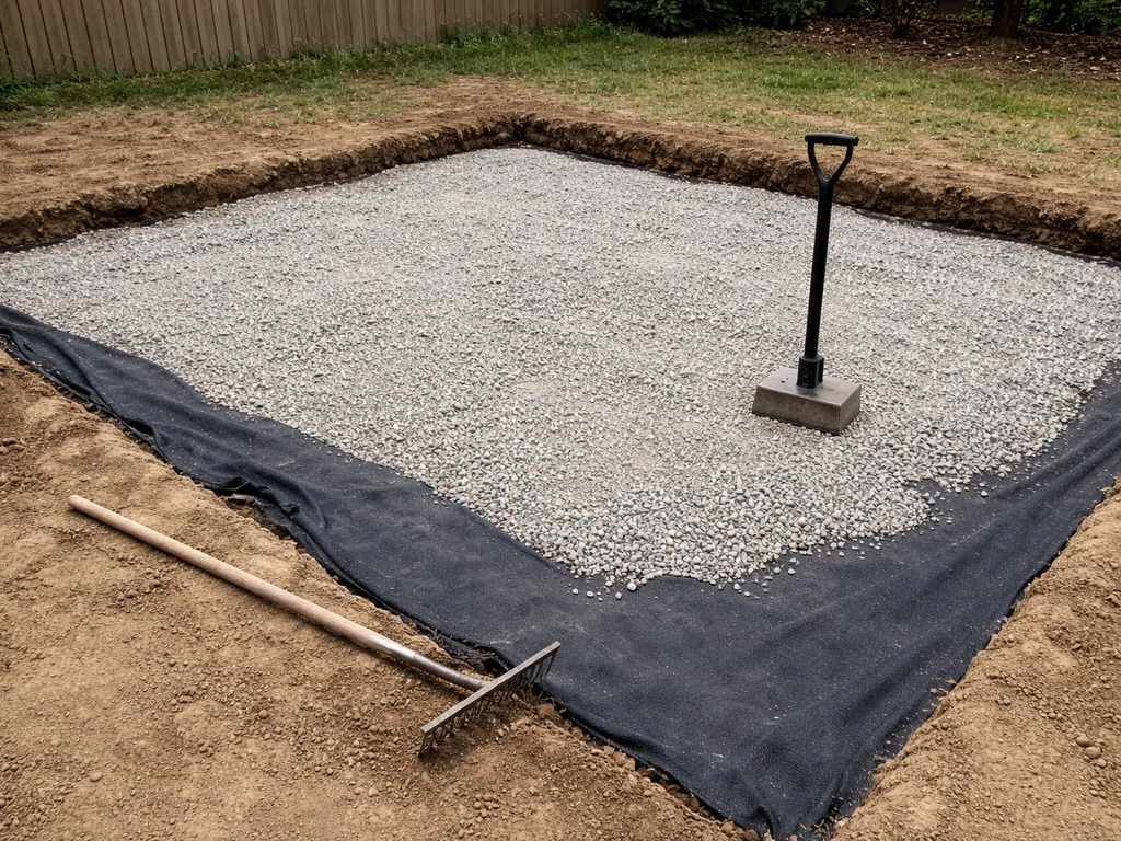 Close-up of stripped subgrade, compacted crushed gravel, and geotextile barrier ready for a patio base.