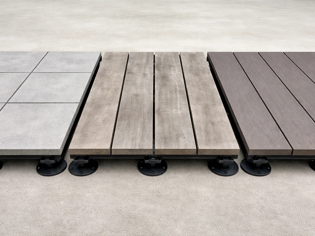 Side-by-side floating patio surfaces showing pavers, wood, and composite on pedestal bases.