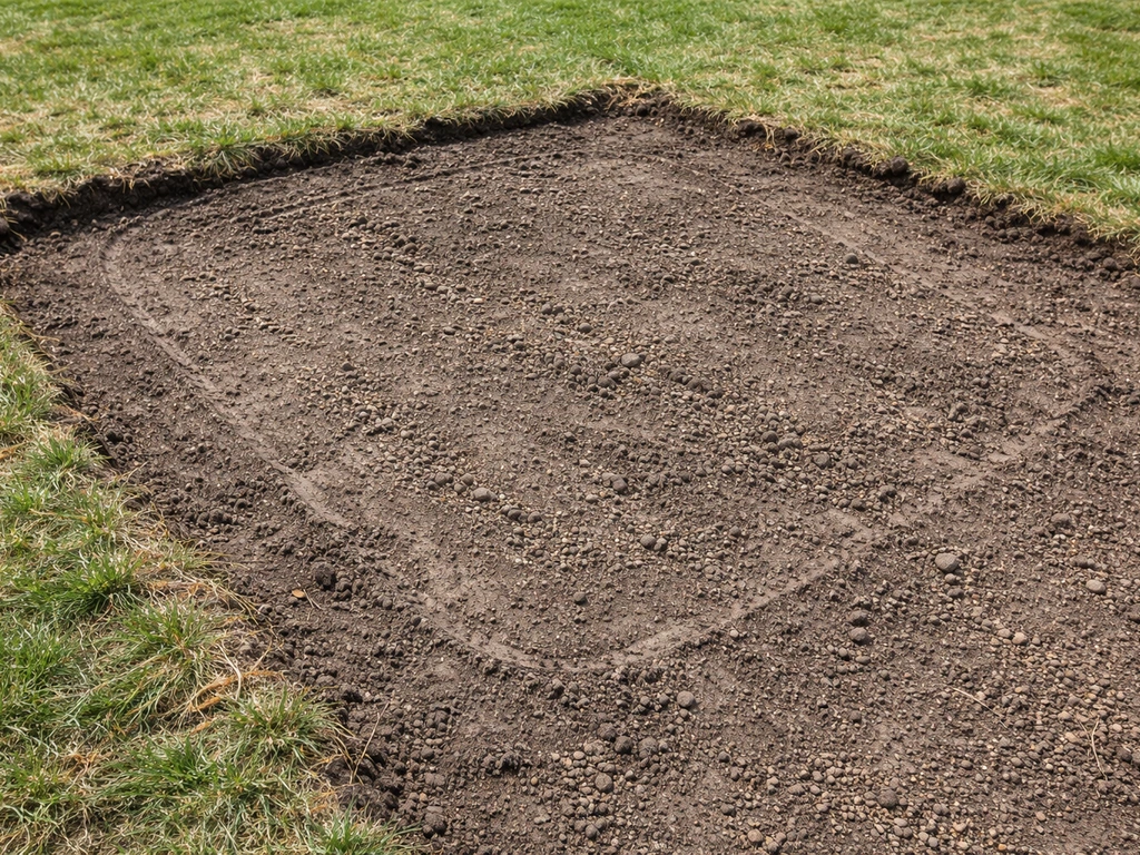 Ground-level view of sod removed to soil, with a scraped footprint showing the cleared and compacted area.