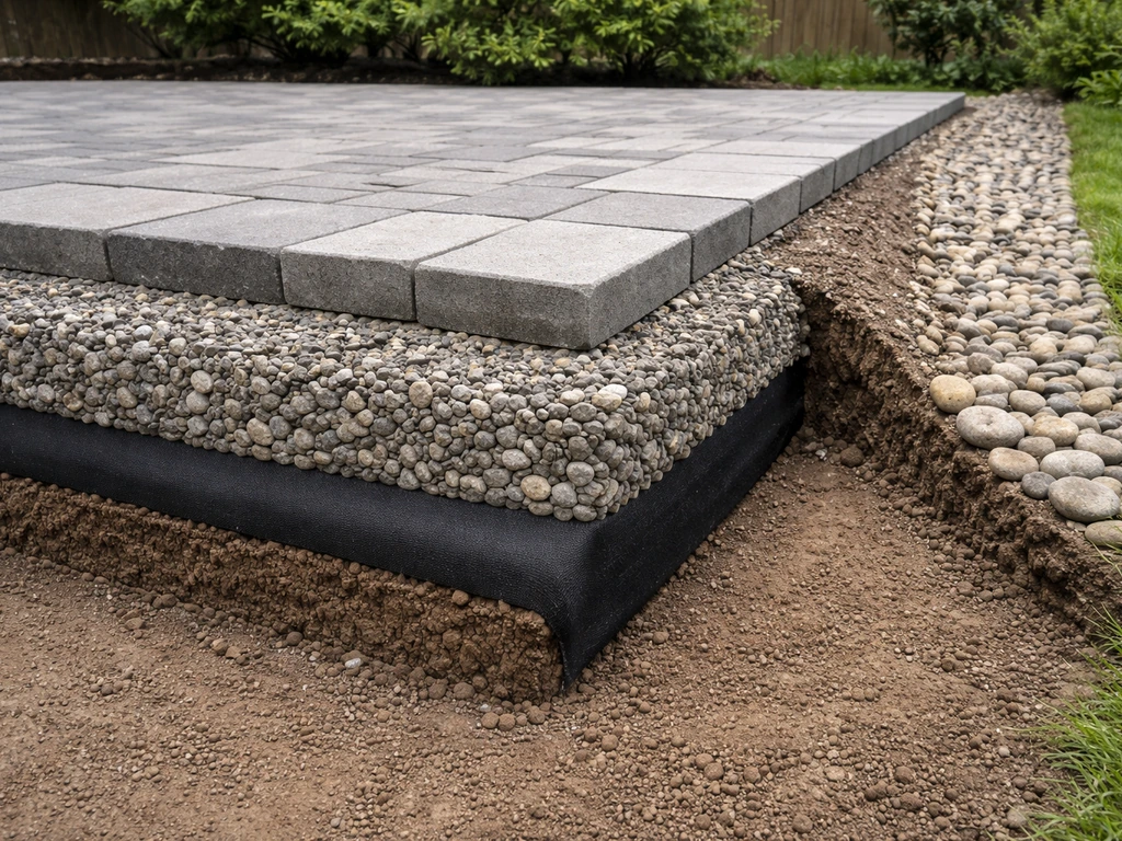 Minimal cross-section of patio layers: compacted subgrade, landscape fabric, gravel base, and drainage slope.