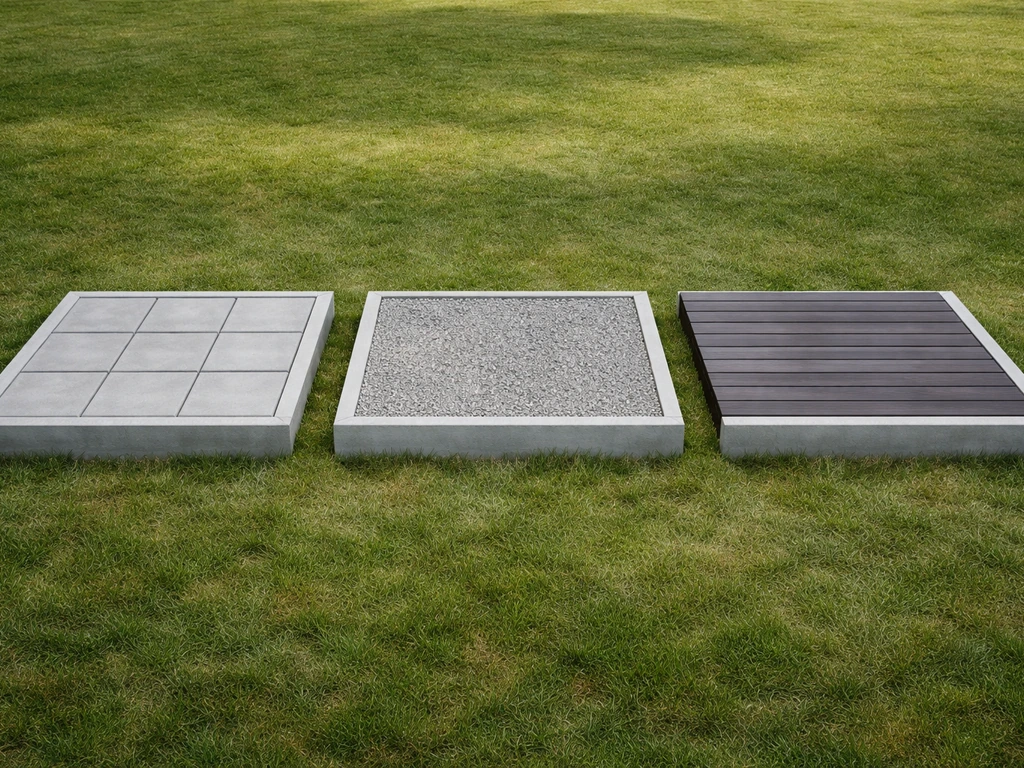 Three side-by-side raised patio surface samples on grass: pavers, gravel, and deck boards.
