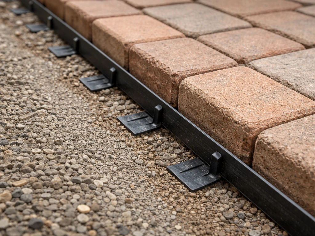 Close-up of metal edging spikes set into gravel, with brick pavers aligned along a patio border.