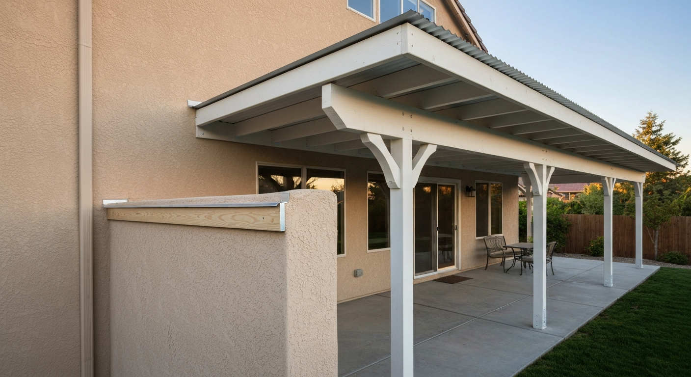 Finished attached patio cover on a beige stucco house showing the ledger-to-wall junction with aluminum flashing, doubled beams and 6x6 posts on concrete footings; no people present.