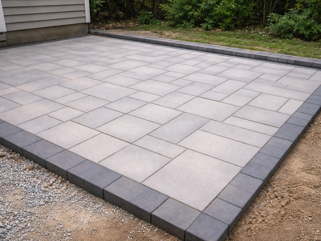Freshly installed patio with clean pavers, neat edging, and slight slope in a simple backyard setting.