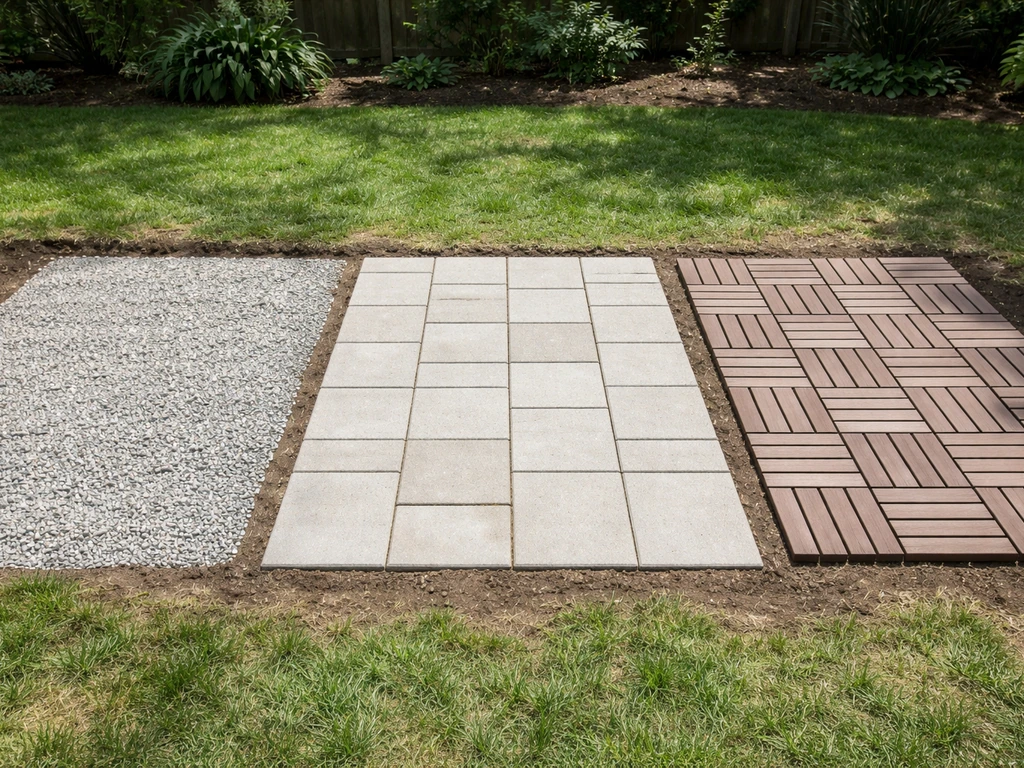 Three quick patio surface options side-by-side: compacted gravel, concrete pavers, and snap-together deck tiles