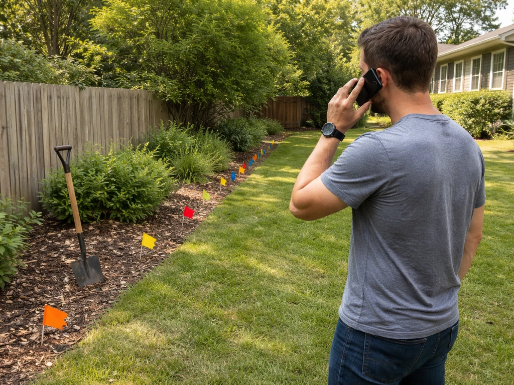 Homeowner on the phone with utility locate flags visible in a residential yard before digging.