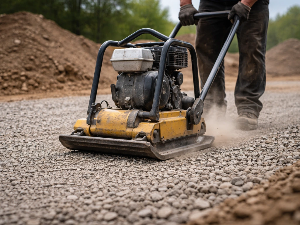 Plate compactor compacting a gravel base on a construction site