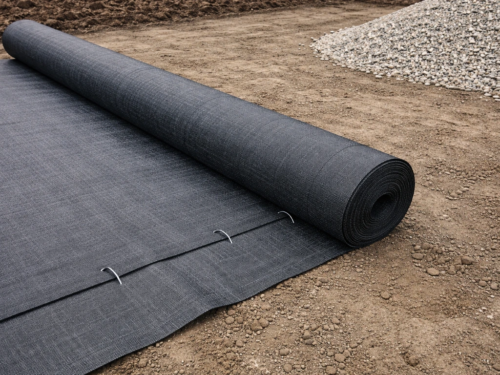 Geotextile fabric laid over compacted soil with overlapped seam and pinned edges before gravel is added.